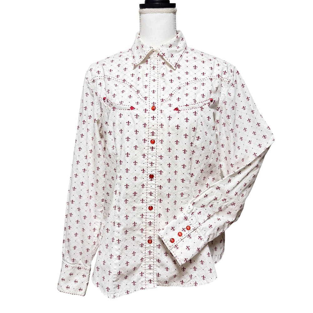 RU Cowgirl Womens Fleur De Lis 100% Cotton Western Snap‎ Button Shirt White Red